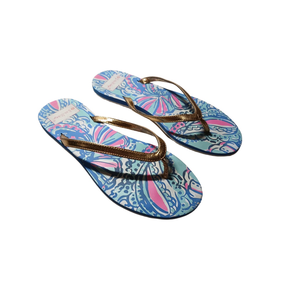 Lilly Pulitzer for Target Womens Gold Blue Pink Slip On Flip Thong Sides Size 8
